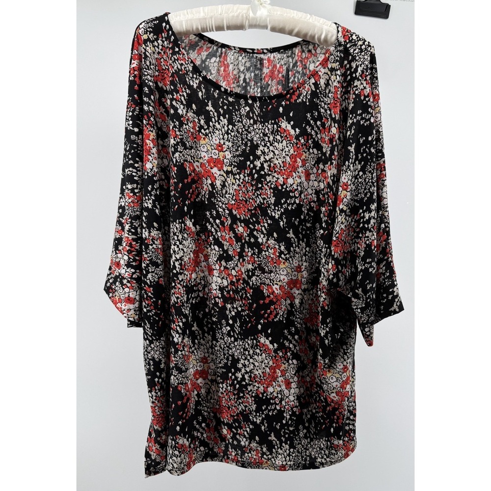 Womens 2X Floral Tunic Top Black Red Boho Stretch Blouse 3/4 Sleeve Casual Flowy